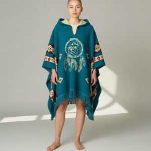Teal Dreamcatcher Wolf Poncho with fringe detail. Super Soft and lightweight